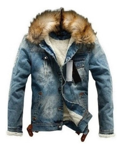 Chaqueta De Mezclilla Con Cuello De Piel Cálido For Hombre