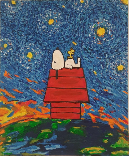 Cuadro Noche Estrellada Con Snoopy Pintado A Mano