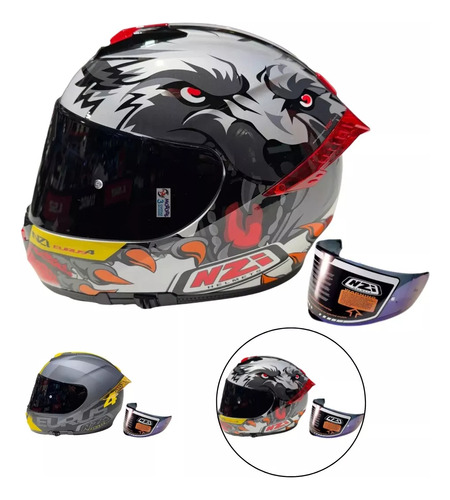 Jm Nuñez Casco Integral Doble Visor Nzi Eurus 4 + Visor Rojo Gris Lobo Furius 2xl 63-64cm