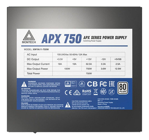 Fonte Montech Apx750, 750w, 80 Plus White, Pfc Ativo, Preto