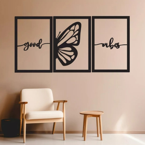 Cuadro Triptico Mariposa Frase Calado Madera Mdf - 96x47