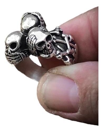 Anillo 3 Calaveras Plata 925 Línea Pesada Modelo Exclusivo 