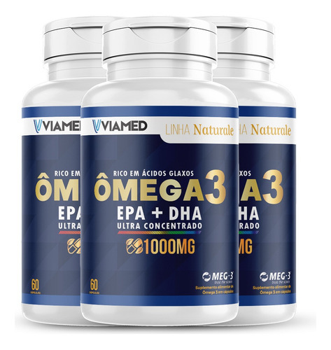Ômega 3 Epa + Dha Ultra Concentrado | 3 Potes 180caps Viamed Sem Sabor