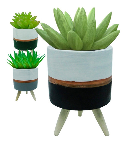 3 Vaso Cachepot Com Planta Artificial Suculenta Decoração