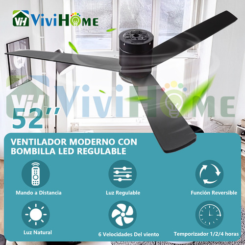 Luz De Ventiladores Moderno 52 Pulgadas Multifunción Abanico 1.321 M 60 Negro Negro Mdf 3