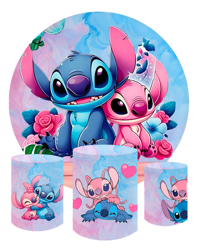 Kit Painel Redondo + Capa De Cilindro Decoração Lilo Stitch