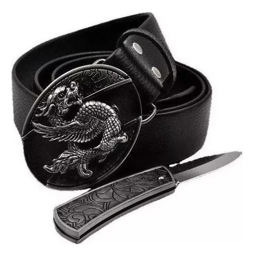 Cinturón casual de cuero con cuchillo oculto en la hebilla, color dragón volador, talla G