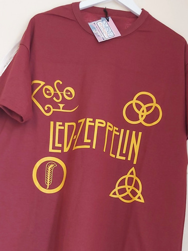 Remera Algodón Unisex Led Zeppelin Símbolos Bordó Rock