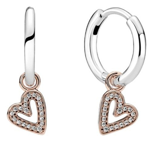 Aros Pendientes Argolla Plata S925 C/ Colgante Corazon Rose