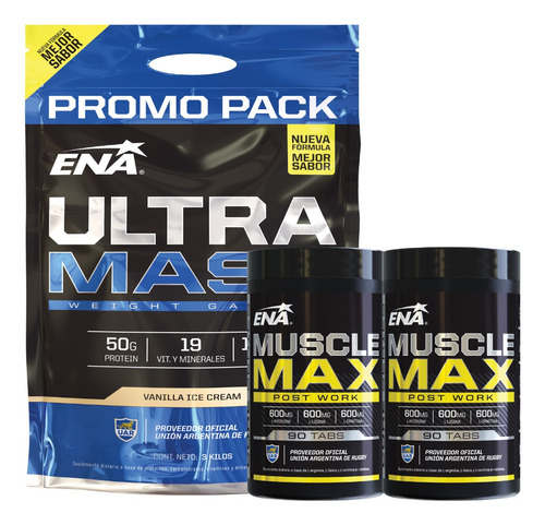 Combo Ena Ultra Mass Big Size 3 Kg + 2 Muscle Max 90 Tabs