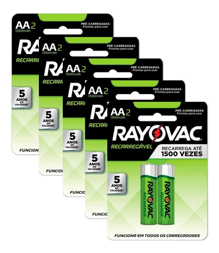 Pilha Recarregável Rayovac Aa 1350 Mah - 10 Pilhas