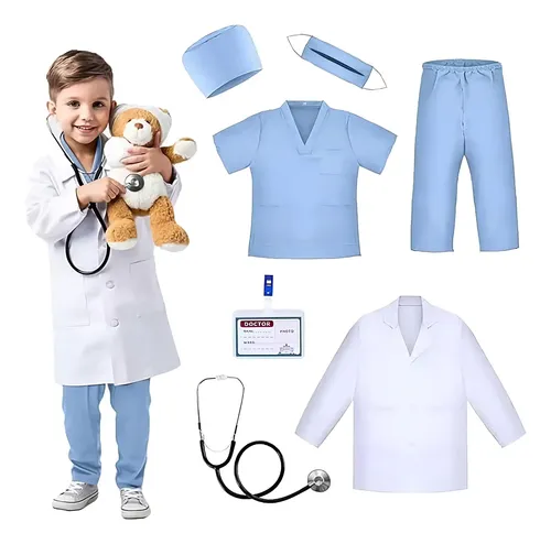 Cheffery Disfraz De Médico Cirujano Para Niños, Con Manchas De Sangre Realistas, Incluye Bata, Camiseta, Pantalón, Estetoscopio Con Latidos, Gorro Y Gafas, Talla 140, Perfecto Para Halloween Y Juegos De Rol