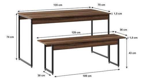 Mesa De Jantar Com 1 Banco Estilo Industrial Cor Da Tampa Nogal Cor Dos Pés Preto