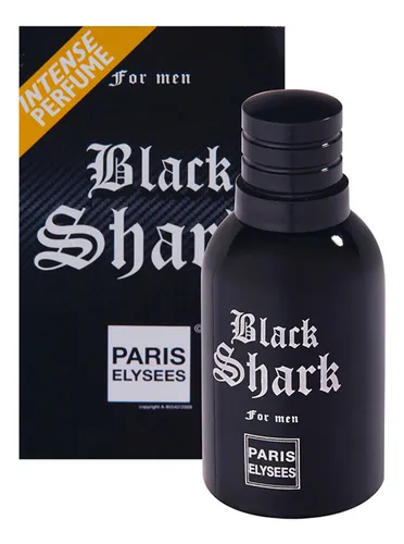 Frasco de perfume Black Shark da Paris Elysees em vidro preto ao lado da caixa original do produto