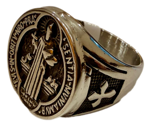 Anillo San Benito Imagen Santo Acero Quirúrgico Plateado 22