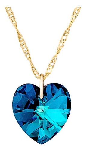 Gargantilha Coração Swarovski 10 Mm Azul Escuro Bermuda Blue Cor Dourado-escuro