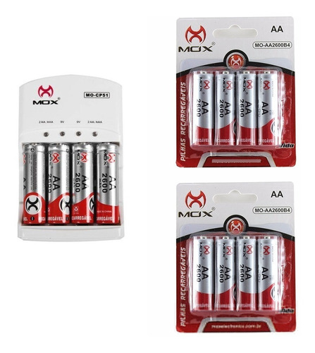 12 Pilhas Recarregáveis Mox Aa 2600mah + Carregador Rápido