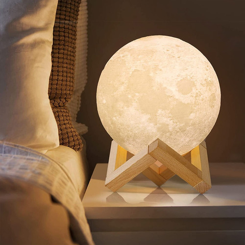 Imagen 3 de 7 de Lámpara Luna Velador Luz Led Fría Y Cálida Táctil Usb 18 Cm