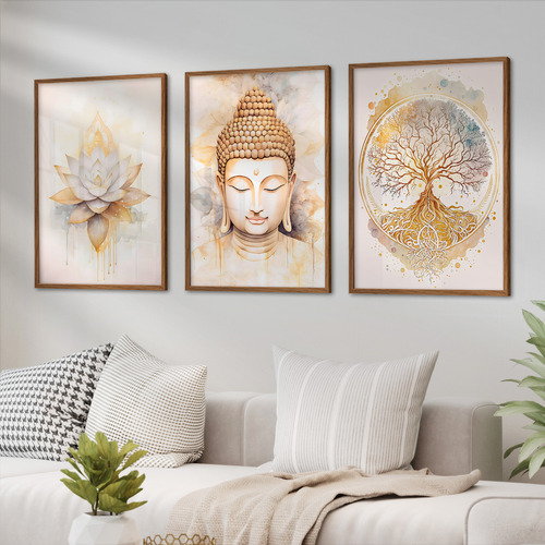 Quadro Decorativo Sala Quarto Kit Buda Lótus Amor Moldura