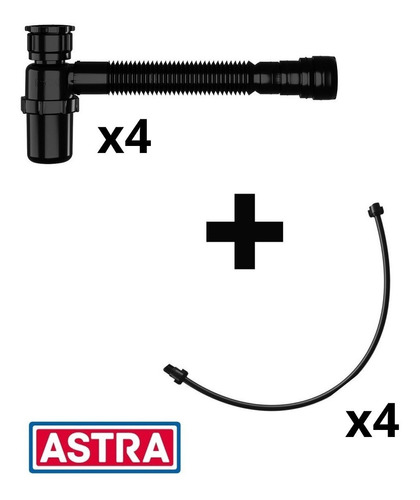 Kit 4 Sifão Sanfonado Copo Preto E 4 Engate Astra