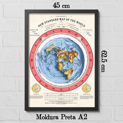 Mapa Terra Plana Gleason Batimétrico - 1892 Moldura Preta A2