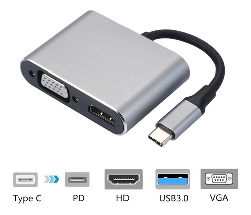 4 En 1 Hub Tipo-c A Hd Vga Adaptador Usb Tipo-c Multipuerto