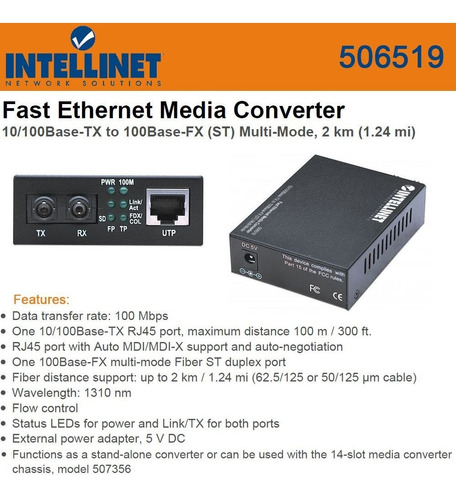 Intellinet Convertidor Medio Ethernet Rapido (st)
