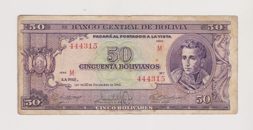 Billete Bolivia 50 Bolivianos Año 1945 Bueno +