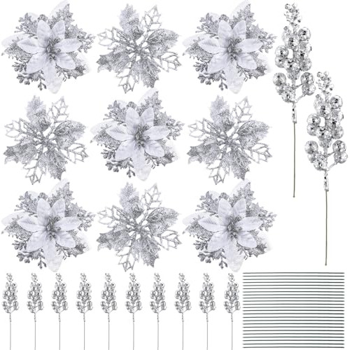 36 Piezas 2 Estilos Flores De Nochebuena De Navidad Plateada