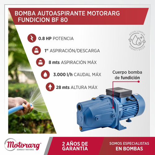 Imagen 2 de 6 de Bomba Centrifuga Autoaspirante Motorarg Bf80 0.8 Hp