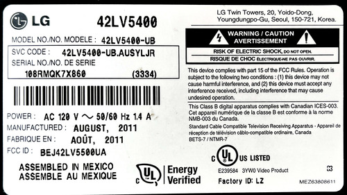 Fuente Lg 42lv5400 42lv5400-ub Eax62865401/8 Lgp4247-11slpb (Usado)