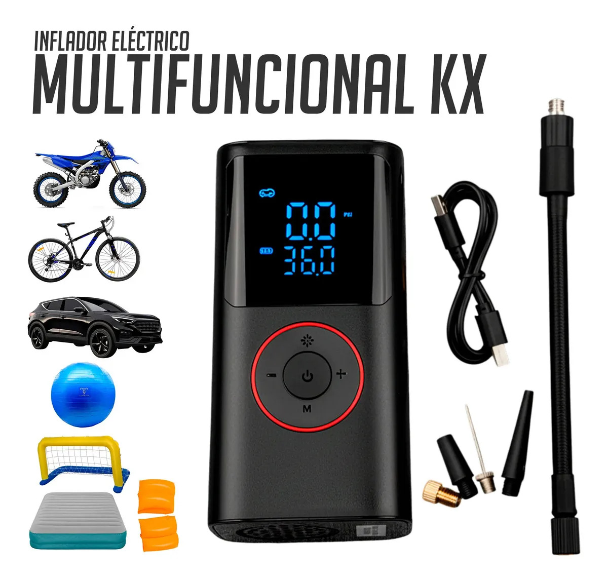 Inflador Eléctrico Portátil KX Pantalla Digital Batería Recargable Negro
