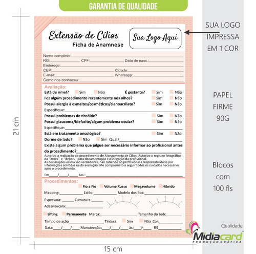 Imagem 2 de 6 de Kit Ficha Extensão De Cílios Personalizada +cuidados Cliente