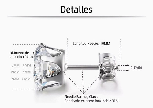 Aretes Zirconia Acero Inoxidable Hipoalergénico 6 Pares