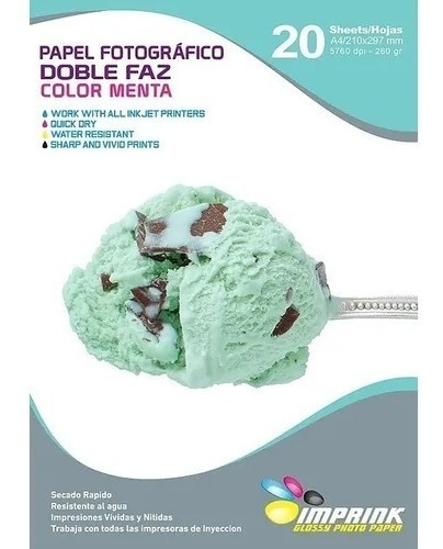 Papel Fotografico Doble Faz Color Menta A4/260gr/20 Hojas