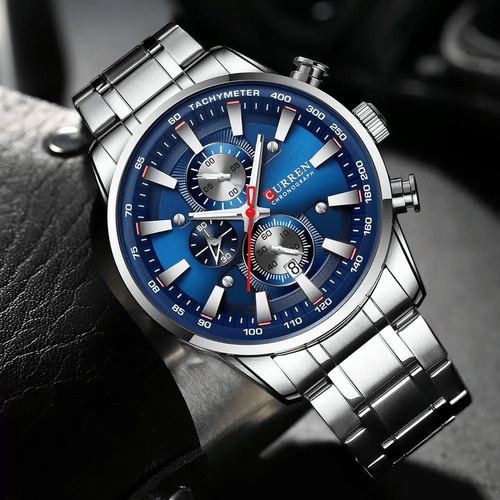 Relógio De Pulso Curren 8351 Com Corria De Aço Inoxidável Cor Prateado - Fondo Azul