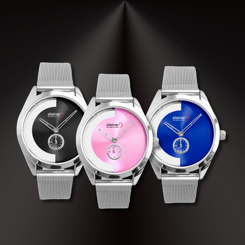 Reloj Steiner Análogo Extensible Malla Plata Acero Inox 3atm Correa Plateado Fondo Rosa