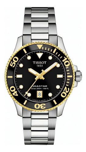 Reloj Tissot Seastar 1000 36mm Para Hombre De Acero Ss Color de la malla Plateado Color del bisel Negro y Dorado Color del fondo Negro