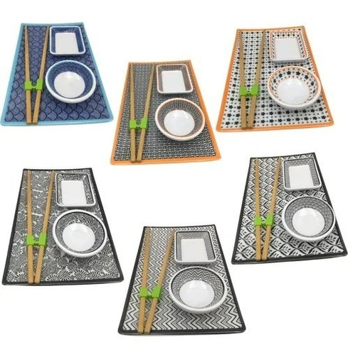 Imagen 2 de 6 de Set Para Sushi Melamina 5 Piezas Plato + 2 Dips Soja Wasabi