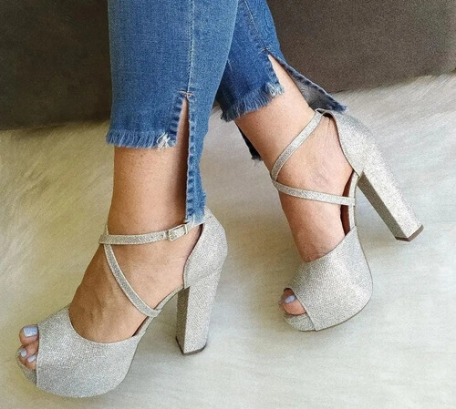 Imagem 5 de 5 de Sandália Glitter Salto Alto Grosso Meia Pata Brilho 12 Cm