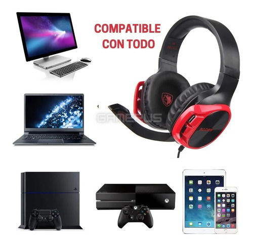 Imagen 4 de 9 de Auriculares Gamer Sades R17 Black And Red Pc Ps4