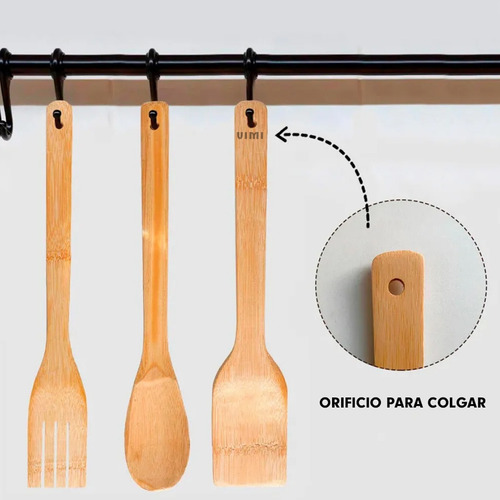 Set De Utensilio 3pz Bambú Con Base Almacenamiento Cocina