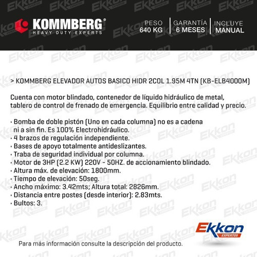 Elevador Autos Kommberg 2 Columnas Bomba Electrohidraulico