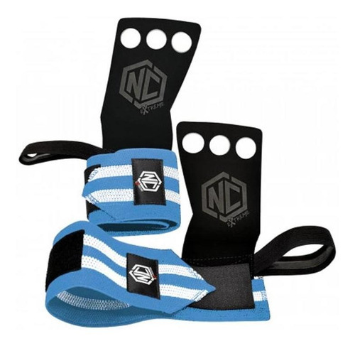 Luva Grip Munhequeira Pull Up Cross Protetor - Nc Extreme Cor Azul/Branco Tamanho P