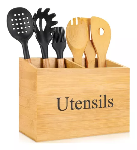 Soporte de utensilios de madera para encimera de cocina, organizador de  utensilios con 2 compartimentos, organizador de utensilios de cocina para