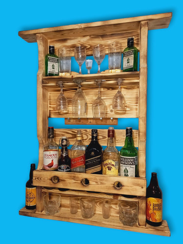 Bar Botellero En Madera Natural Quemado A Fuego