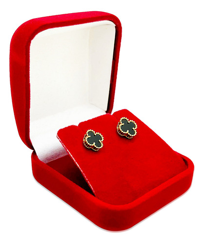 Brinco Trevo Em Ouro 18k Com Pedra Onix Natural 4 Folhas