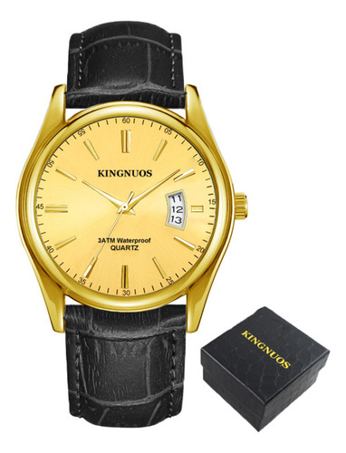 Reloj de pulsera Kingnuos K1853G de cuerpo color dorada, analógico, para hombre, fondo dorado, con correa de cuero color negro y hebilla simple