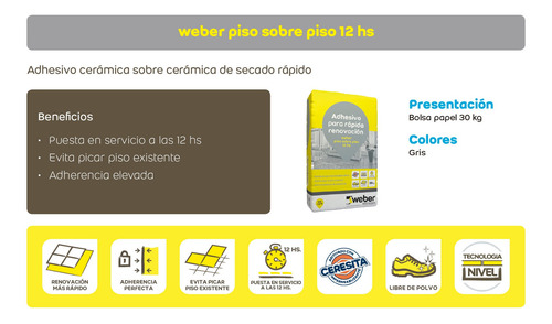 Pegamento Weber Sobre Piso 12hs Rapida Habilitacion X 30 Kg