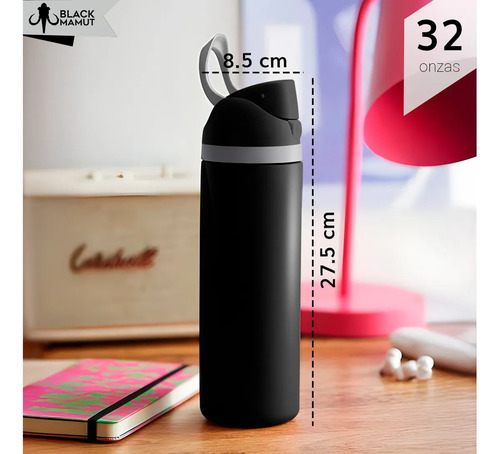 Botella Termo Agua Aislada Hermética Acero Inoxidable Popote Negro